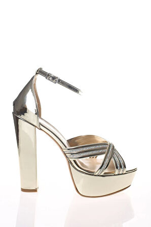 Kadın Sarı Gold Çapraz Bant Abiye Ayakkabı Kadın Topuklu Şık Gece Ayakkabısı Zarif Tasarım