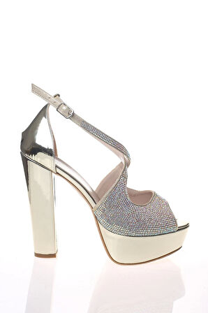 Kadın Gold Ayna Yüz Taş Abiye Ayakkabı Kadın Topuklu Şık Gece Ayakkabısı Zarif Tasarım