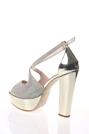 Kadın Gold Ayna Yüz Taş Abiye Ayakkabı Kadın Topuklu Şık Gece Ayakkabısı Zarif Tasarım