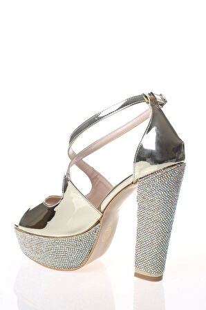 Kadın Gold Ayna Ökçe Poli Taş Abiye Ayakkabı Kadın Topuklu Şık Gece Ayakkabısı Zarif Tasarım