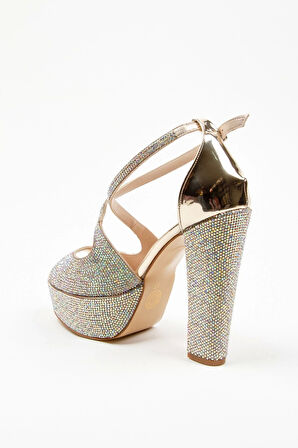 Gold Ayna Full Taş Topuklu Kadın Abiye Ayakkabı Kadın Topuklu Şık Gece Ayakkabısı Yüksek Topuk