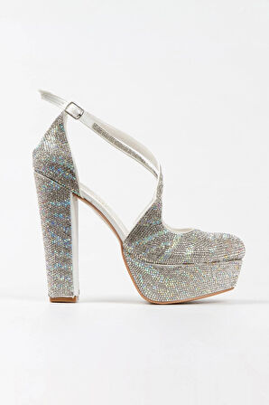 Gümüş Sultan Çift Renk Taşlı Çapraz Model Klasik Topuklu Platformlu Kadın Abiye Ayakkabı Şık