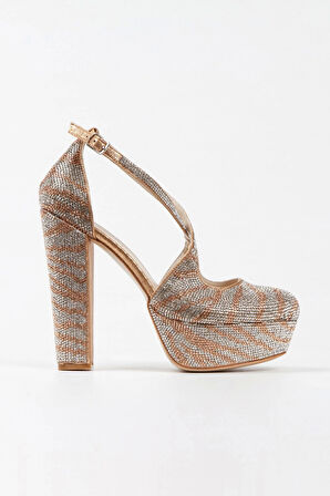 Gümüş Sultan Çift Renk Taşlı Çapraz Model Klasik Topuklu Platformlu Kadın Abiye Ayakkabı Şık