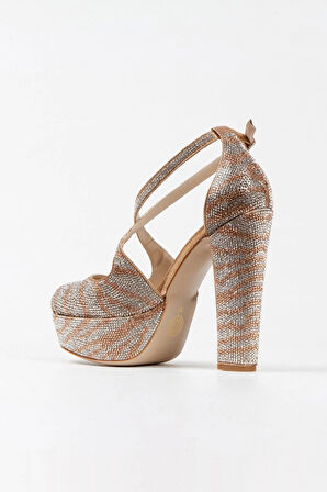 Gümüş Sultan Çift Renk Taşlı Çapraz Model Klasik Topuklu Platformlu Kadın Abiye Ayakkabı Şık