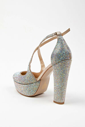 Gold Janjan Full Taş Topuklu Kadın Abiye Ayakkabı Kadın Topuklu Şık Gece Ayakkabısı