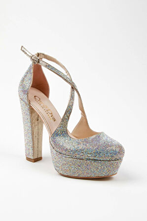 Gold Janjan Full Taş Topuklu Kadın Abiye Ayakkabı Kadın Topuklu Şık Gece Ayakkabısı