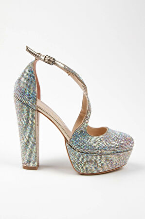 Gold Janjan Full Taş Topuklu Kadın Abiye Ayakkabı Kadın Topuklu Şık Gece Ayakkabısı