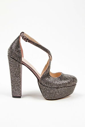 Gold Janjan Full Taş Topuklu Kadın Abiye Ayakkabı Kadın Topuklu Şık Gece Ayakkabısı