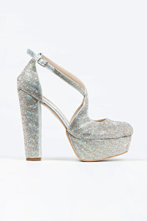 Gümüş Sultan Çift Renk Taşlı Çapraz Model Klasik Topuklu Platformlu Kadın Abiye Ayakkabı Şık