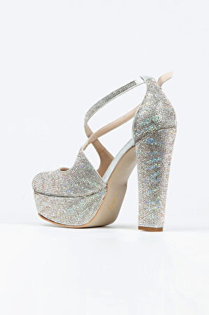 Gümüş Sultan Çift Renk Taşlı Çapraz Model Klasik Topuklu Platformlu Kadın Abiye Ayakkabı Şık