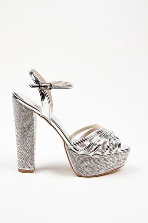 Gümüş Ayna Çapraz Ökçe Poli Taş Topuklu Kadın Abiye Ayakkabı Kadın Topuklu Şık Gece Ayakkabısı