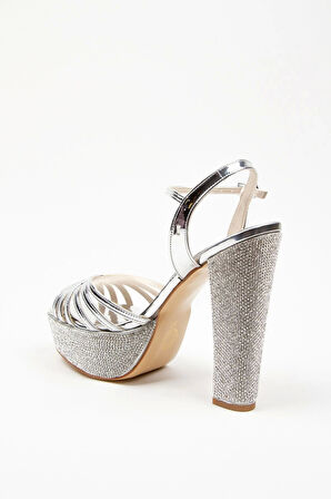 Gümüş Ayna Çapraz Ökçe Poli Taş Topuklu Kadın Abiye Ayakkabı Kadın Topuklu Şık Gece Ayakkabısı