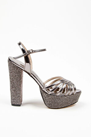 Gümüş Ayna Çapraz Ökçe Poli Taş Topuklu Kadın Abiye Ayakkabı Kadın Topuklu Şık Gece Ayakkabısı