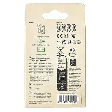 GP Recyko B441 Usb 4’lü AA - AAA Pil Şarj Cihazı (GPACSB44103 GPB441R21-2GTLB1)