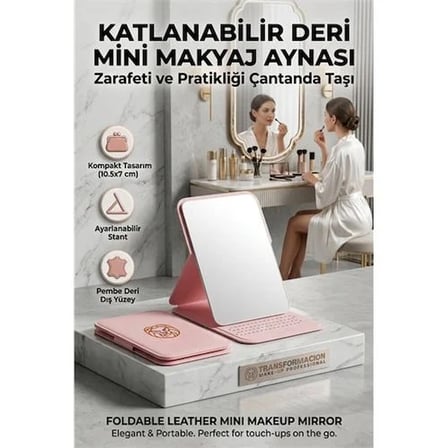Katlanabilir Stantlı Makyaj Aynası | Pembe Deri Çanta Boyu Mini Ayna 723190