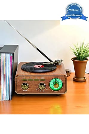 Nostaljik Tasarım Plak Çalar Görünümlü Radyolu Bluetooth Hoparlör Retro Müzik Plak Açık Kahverengi