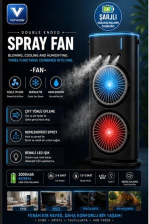 Vothoon Çift Başlıklı Sprey Fan Nemlendirici ve Renkli LED Işıklı siyah