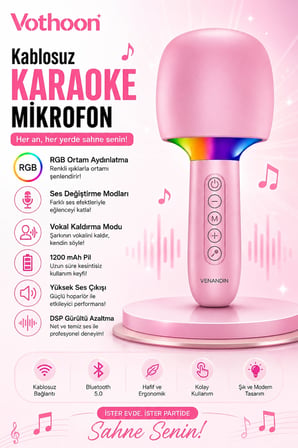 Çocuk ve Yetişkin Karaoke Mikrofonu Kablosuz RGB Ambiyans Işığı Ses Değiştirme Modlu Hoparlör