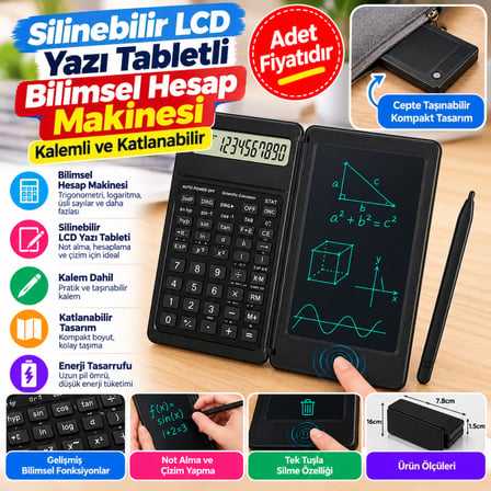Silinebilir LCD Yazı Tabletli,Kalemli Katlanabilir Bilimsel Hesap Makinesi