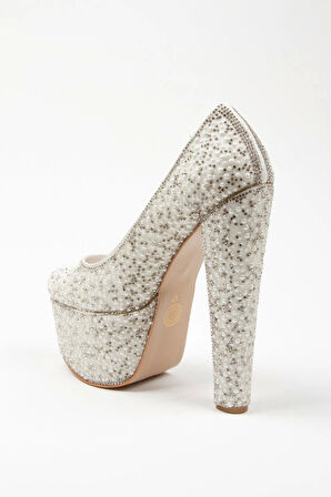 Gümüş Full Inci Topuklu Kadın Abiye Ayakkabı Kadın Topuklu Şık Gece Ayakkabısı Zarif Tasarım