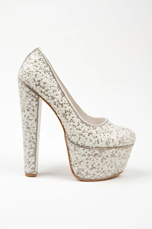 Gümüş Full Inci Topuklu Kadın Abiye Ayakkabı Kadın Topuklu Şık Gece Ayakkabısı Zarif Tasarım