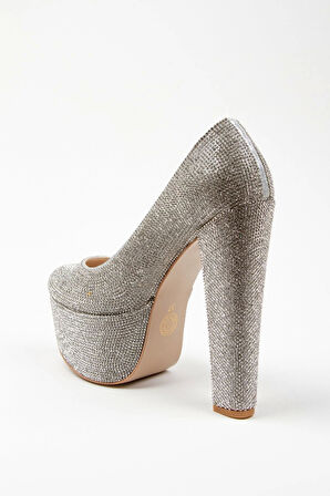 Gold Janjan Full Taş Topuklu Kadın Abiye Ayakkabı Kadın Topuklu Şık Gece Ayakkabısı