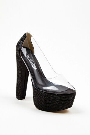 Siyah Şeffaf Ökçe Poli Taş Topuklu Kadın Abiye Ayakkabı Kadın Topuklu Şık Gece Ayakkabısı