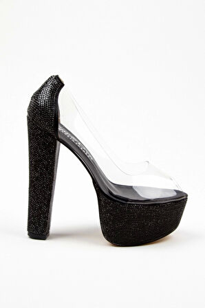 Siyah Şeffaf Ökçe Poli Taş Topuklu Kadın Abiye Ayakkabı Kadın Topuklu Şık Gece Ayakkabısı