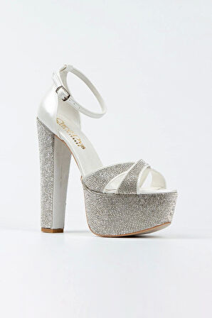 Gold Ayna Janjan Taşlı Çapraz Model Klasik Topuklu Platformlu Kadın Abiye Ayakkabı Kadın Topuklu Şık