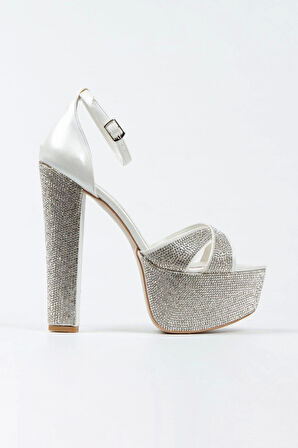 Gold Ayna Janjan Taşlı Çapraz Model Klasik Topuklu Platformlu Kadın Abiye Ayakkabı Kadın Topuklu Şık