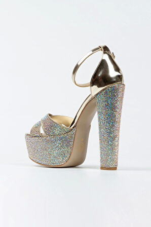 Gold Ayna Janjan Taşlı Çapraz Model Klasik Topuklu Platformlu Kadın Abiye Ayakkabı Kadın Topuklu Şık