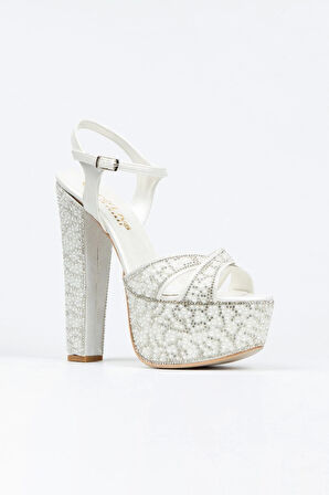 Gold Ayna Full Inci Taşlı Çapraz Model Klasik Topuklu Platformlu Kadın Abiye Ayakkabı Kadın Topuklu