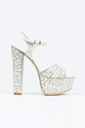 Gold Ayna Full Inci Taşlı Çapraz Model Klasik Topuklu Platformlu Kadın Abiye Ayakkabı Kadın Topuklu