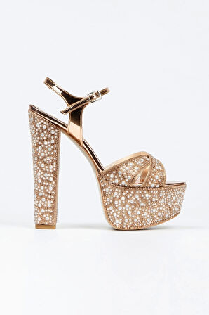 Gold Ayna Full Inci Taşlı Çapraz Model Klasik Topuklu Platformlu Kadın Abiye Ayakkabı Kadın Topuklu