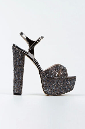 Gold Ayna Full Inci Taşlı Çapraz Model Klasik Topuklu Platformlu Kadın Abiye Ayakkabı Kadın Topuklu