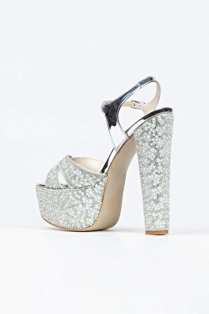 Gold Ayna Full Inci Taşlı Çapraz Model Klasik Topuklu Platformlu Kadın Abiye Ayakkabı Kadın Topuklu