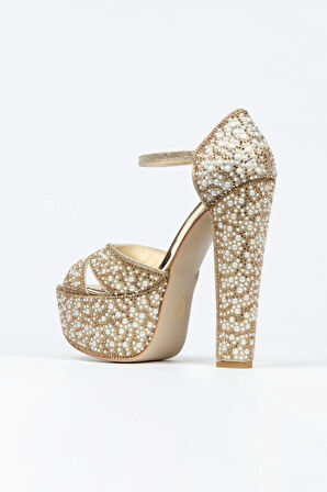 Gold Sultan Full Inci Taşlı Çapraz Model Klasik Topuklu Platformlu Kadın Abiye Ayakkabı Şık
