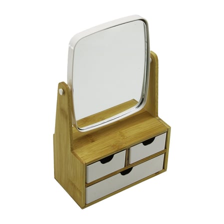 3 Çekmeceli Bambu Ahşap STANDLI=9X9.5X18X21.5CM Makyaj AYNASI=15X18CM Takılık 2+1 Organizer