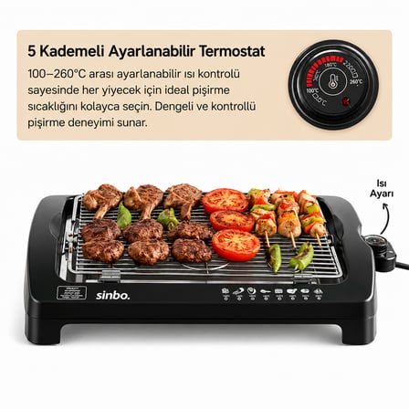 Elektrikli Dumansız Izgara 2000W - Termostatlı Yapışmaz