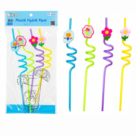 4PCS Kıvrımlı - Renkli Plastik Pipet Figürlü=mix