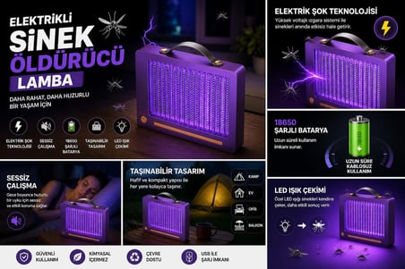 Elektrikli Sinek Öldürücü Lamba | Şarjlı, Sessiz, LED Işıklı Etkili Koruma