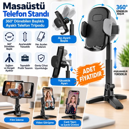 Masaüstü Telefon Standı 360 Derece Dönebilen Başlıklı Ayaklı Telefon Tripodu (adet fiyatıdır)