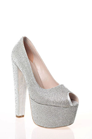 Kadın Gümüş Full Taş Yüksek Topuk Abiye Ayakkabı Kadın Topuklu Şık Gece Ayakkabısı