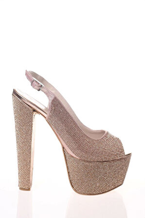 Kadın Gold Full Taş Yüksek Topuk Abiye Ayakkabı Kadın Topuklu Şık Gece Ayakkabısı