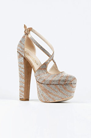 Gold Sultan Çift Renk Taşlı Klasik Topuklu Platformlu Kadın Abiye Ayakkabı Kadın Topuklu Şık