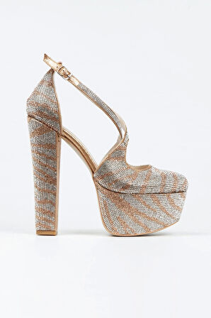 Gold Sultan Çift Renk Taşlı Klasik Topuklu Platformlu Kadın Abiye Ayakkabı Kadın Topuklu Şık