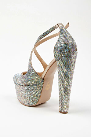 Gold Janjan Full Taş Topuklu Kadın Abiye Ayakkabı Kadın Topuklu Şık Gece Ayakkabısı