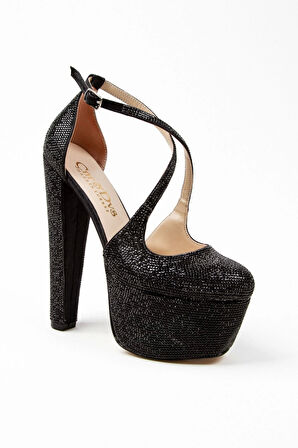 Gold Janjan Full Taş Topuklu Kadın Abiye Ayakkabı Kadın Topuklu Şık Gece Ayakkabısı