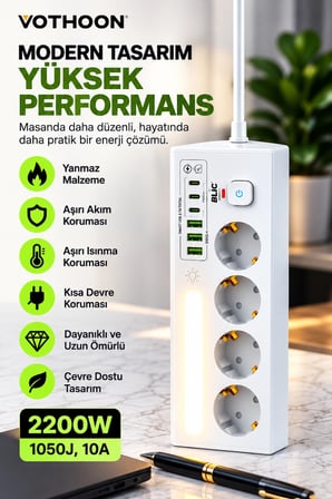 Çoklu Gece Lambalı Üçgen Priz Akım Korumalı 4’LÜ Priz 3XUSB 3XType-C Çıkışlı Grup Priz Beyaz