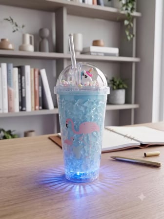 Işıklı Unicorn ve Flamingo Desenli Çift Katmanlı Jel Buzlu Pipetli Bardak - 450ml - Renk Değiştiren LED Tabanlı